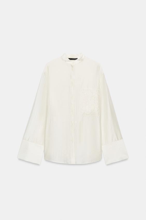 ZW COLLECTION EMBROIDERED POCKET SHIRT - Oyster-white by Zara - Image 7