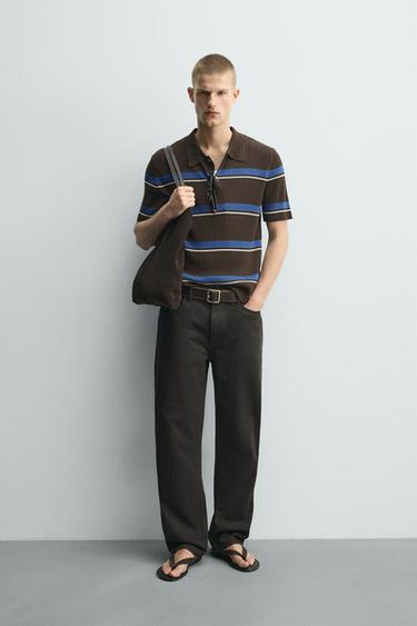 Zara 提花條紋針織POLO衫 - 棕色