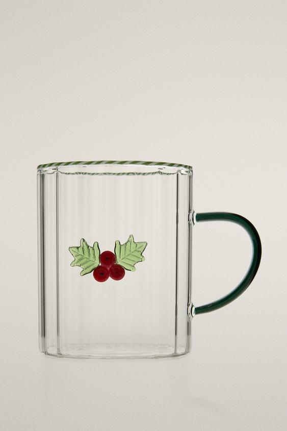 Zara CHRISTMAS HOLLY BOROSILICATE GLASS MUG - Green - Image 0