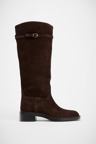 FLAT SPLIT SUEDE RIDING BOOTS - Brown by Zara