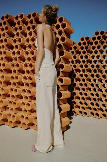 LOW-RISE EYELET STRAIGHT-LEG TROUSERS - Oyster-white by Zara - Image 3