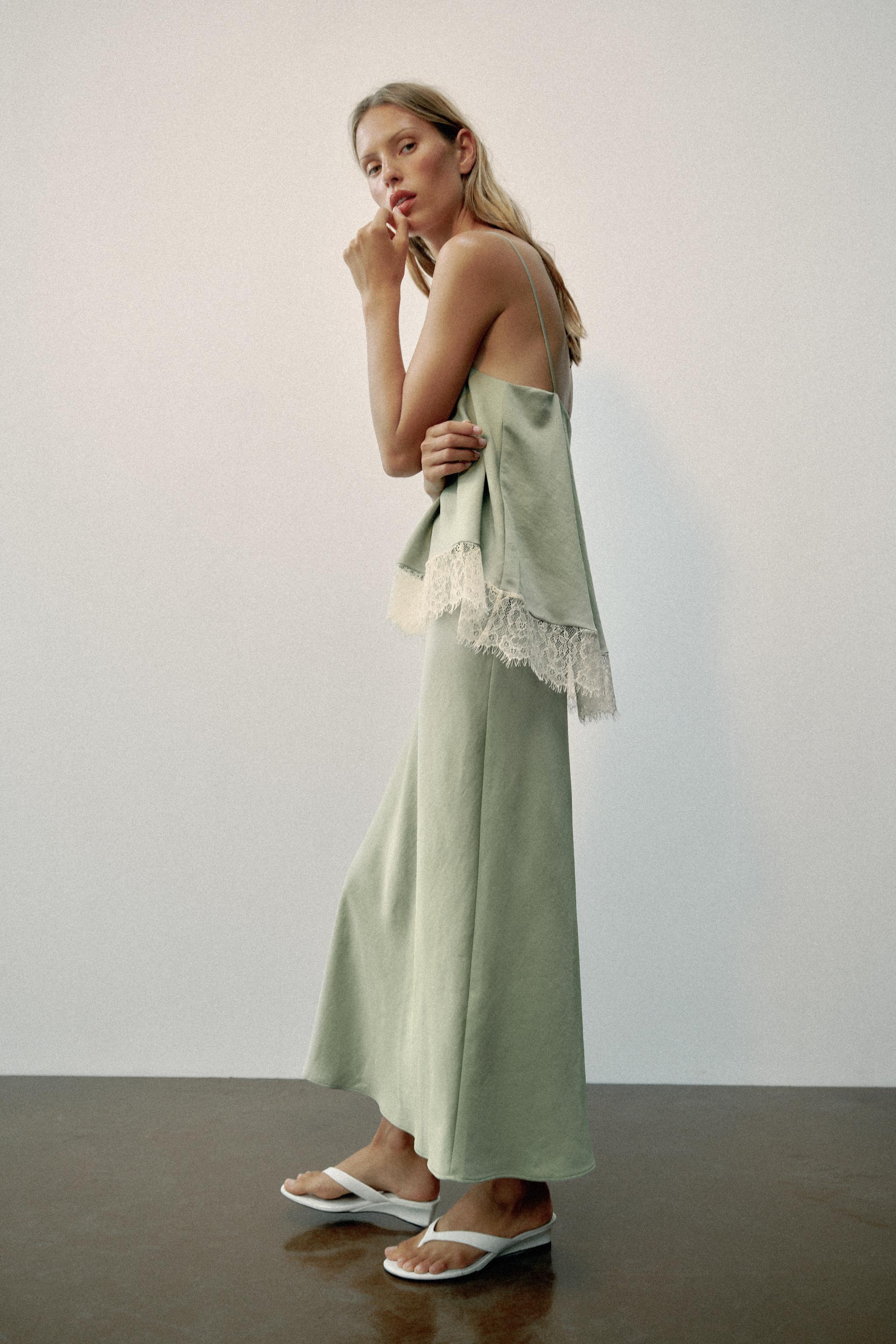 Lace-Trimmed Satin Midi Slip Dress