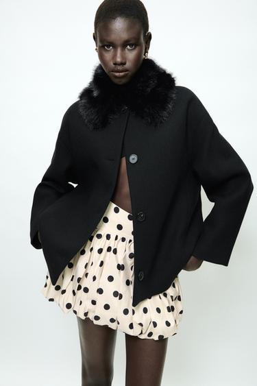 Zara SHORT WOOL BLEND COAT WITH FAUX FUR LAPELS - Black