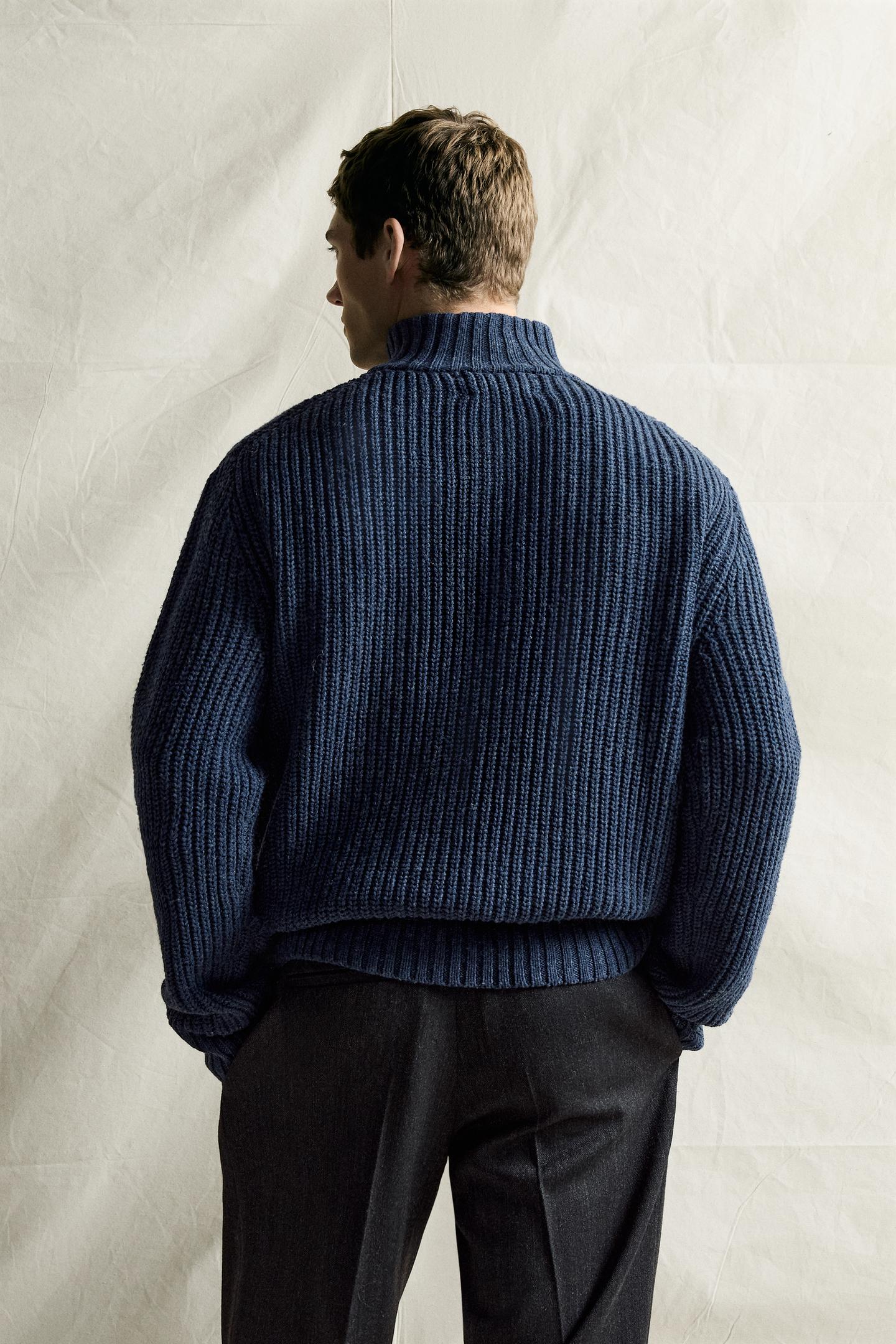 Мужской свитер Zara Cotton-Wool Quarter-Zip, цвет: Синий меланжевый — фото 3