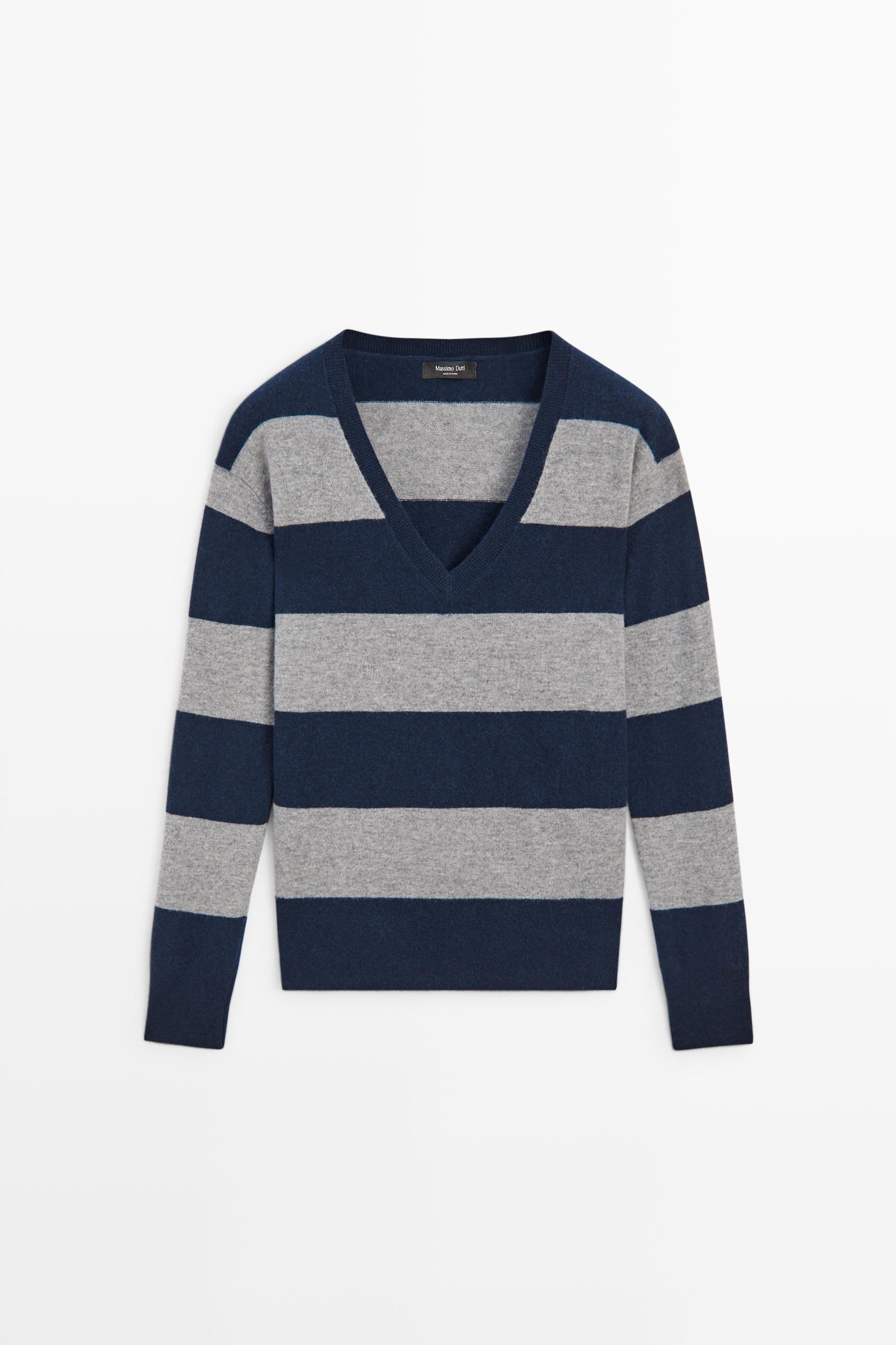 Pull en maille à rayures laine et cachemire col V