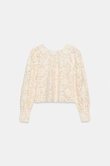 Zara LACE BUTTON-UP SHIRT - Ecru