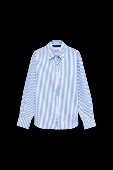 CAMISA POPELÍN RAYAS BOTÓN COMBINADO - Azul claro de Zara - Imagen 0