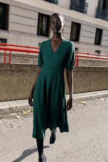 Zara V-NECK MIDI DRESS - Green