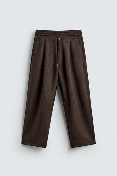 Zara 人造麂皮打褶長褲 - 棕色