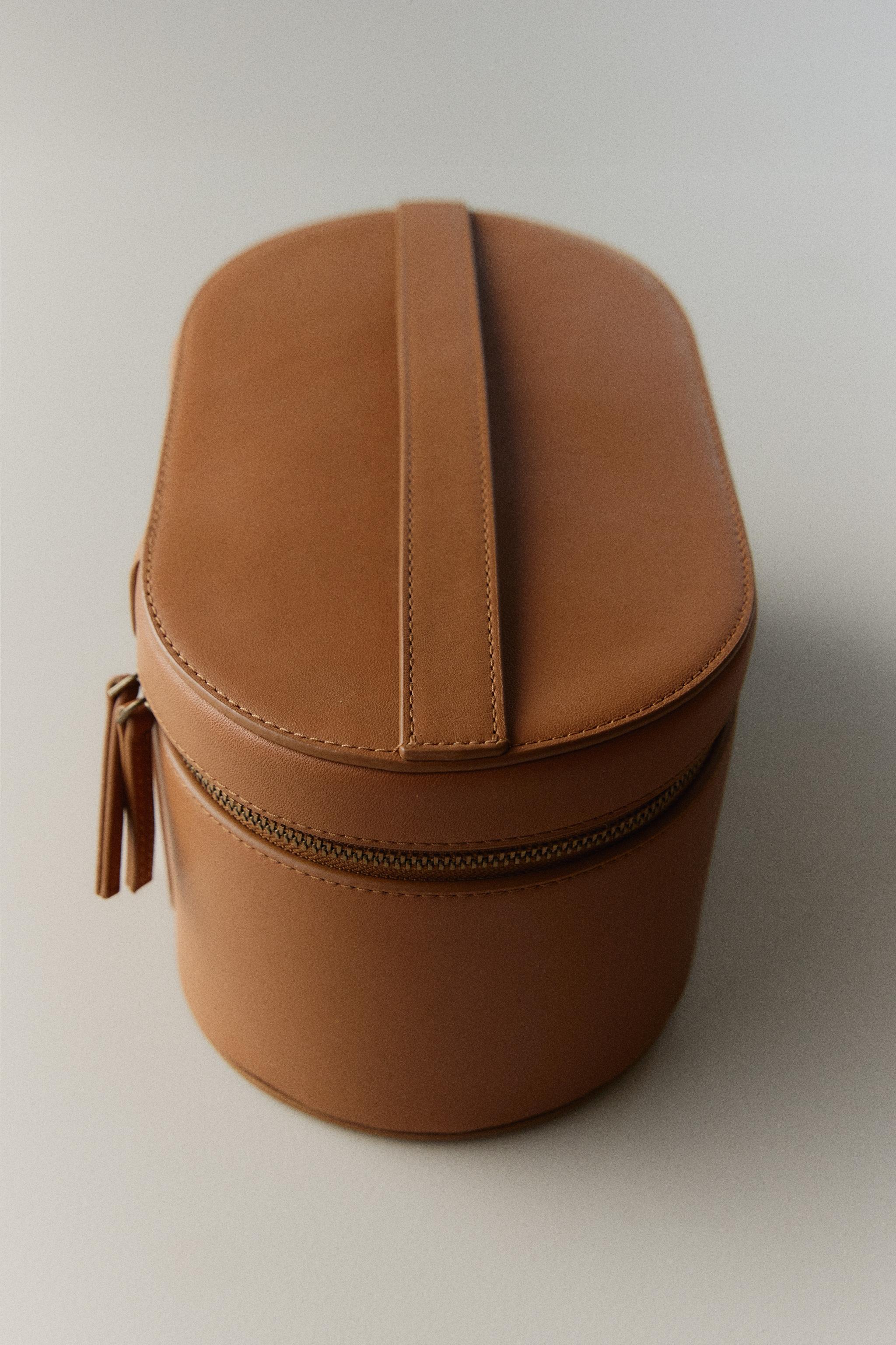 SMALL RIGID LEATHER MAKEUP BAG — Brown