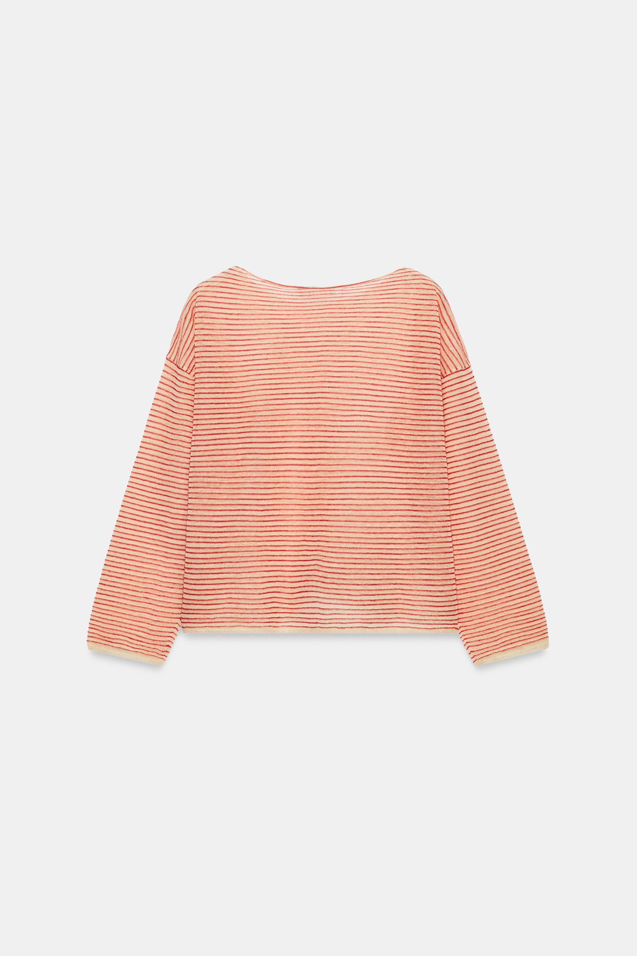 リネン混ボーダーファインニットセーター - エクリュ/ レッド | ZARA