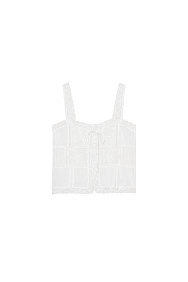Zara EMBROIDERED STRAP TOP - Oyster-white