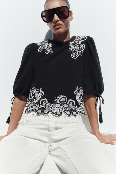 PUFF SLEEVE EMBROIDERED BLOUSE - Black by Zara - Image 1