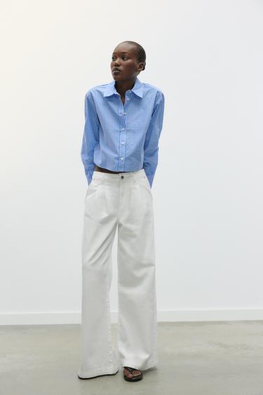 قميص بوبلين CROPPED - أزرق / أبيض الخاص بـ Zara