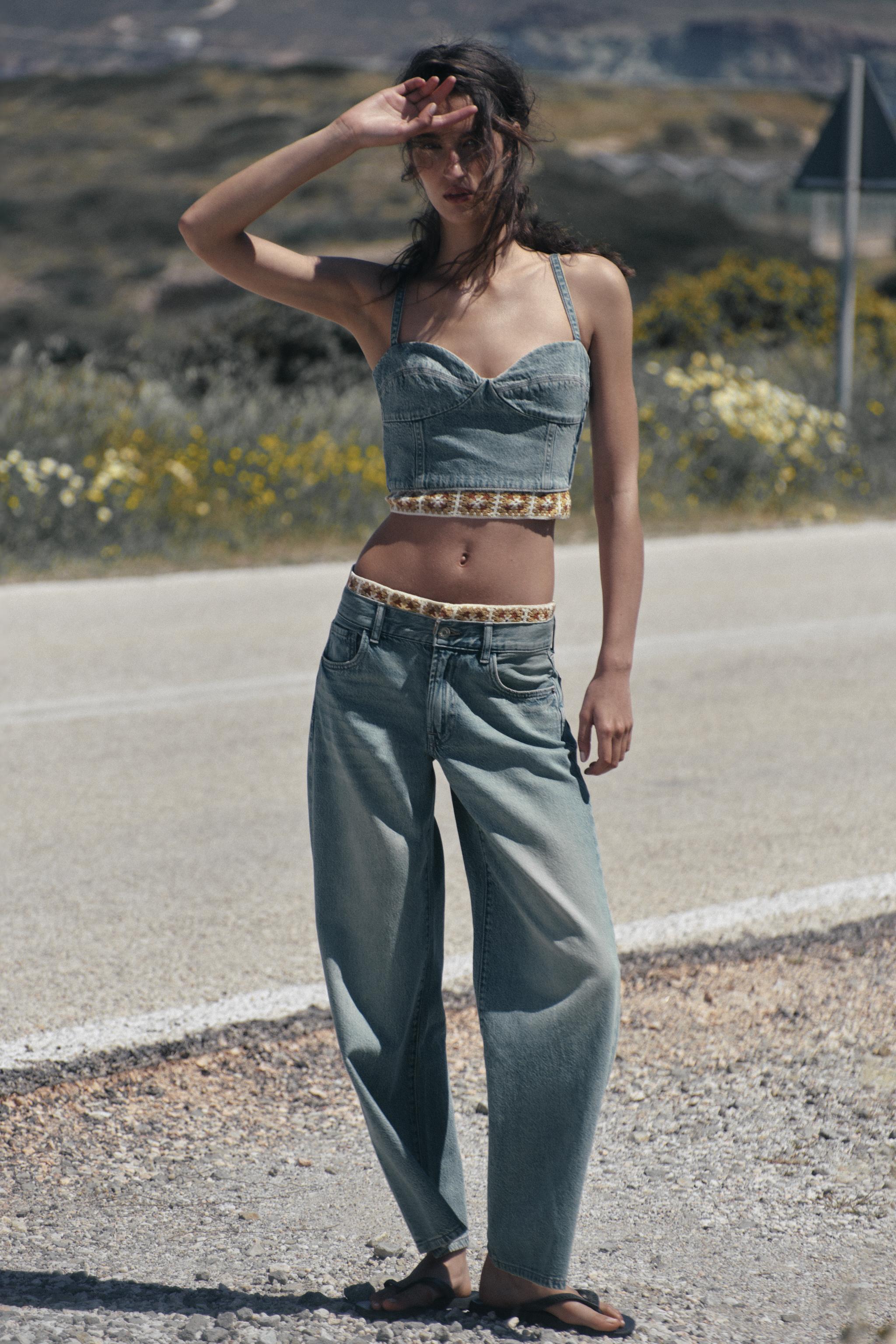 Z1975 COMBINATION CROCHET DENIM TOP