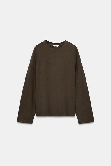 TEXTURED LONG SLEEVE T-SHIRT - Khaki by Zara
