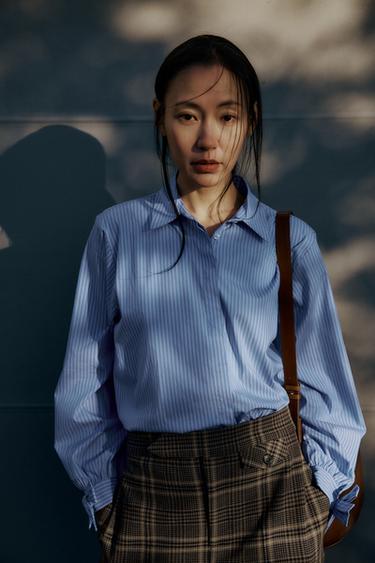 리본 포플린 셔츠 - Zara 블루 /화이트