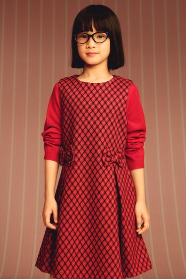 Zara BOW TRIM PLAID DRESS - Red