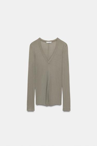 RIBBED V-NECK T-SHIRT - Light khaki by Zara - Image 4