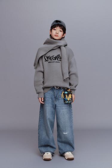 Zara 塗鴉刺繡針織衫 - 灰色