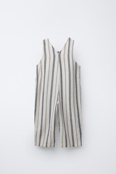 STRIPED LINEN BLEND LONG DUNGAREES - Ecru / Blue by Zara - Image 1