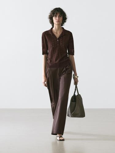 Zara Short sleeve wool blend knit polo shirt - Chocolate - Image 0