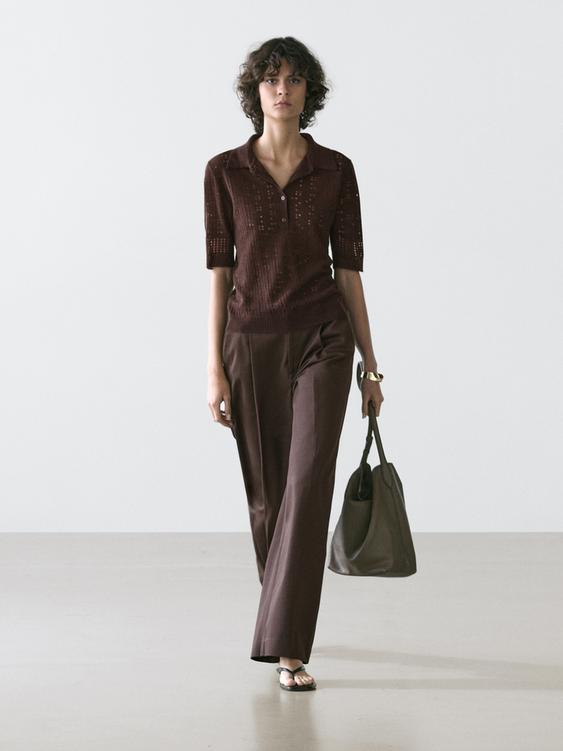 Short sleeve wool blend knit polo shirt