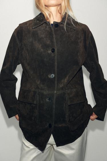 CHAQUETA PIEL ANTE 100% - Khaki oscuro de Zara