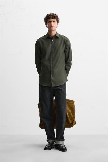 Zara EASY CARE 紋理襯衫 - 深綠色