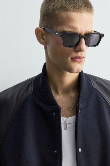 LIMITED EDITION CONTRAST LEATHER BOMBER JACKET - Dark navy by Zara