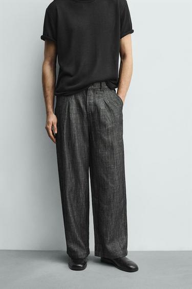 QUẦN COTTON PHA LINEN DÁNG RELAXED FIT - Màu đen/Trắng từ Zara