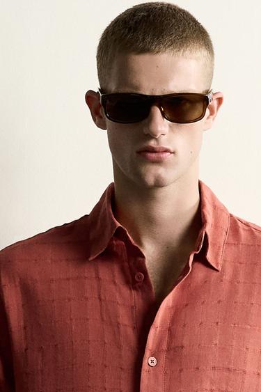 LINEN/COTTON CHECKED JACQUARD RELAXED FIT SHIRT - Brick by Zara