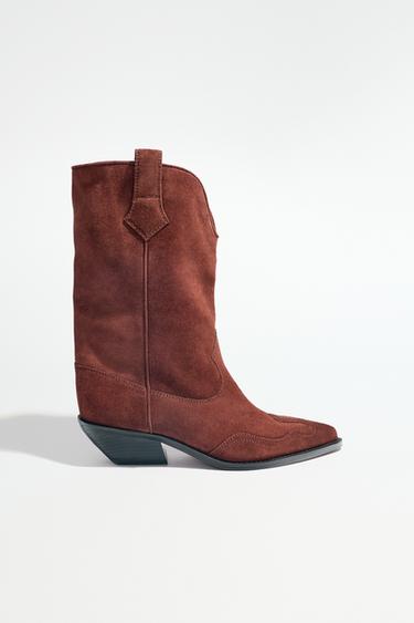Zara SPLIT LEATHER COWBOY ANKLE BOOTS - Chocolate Brown