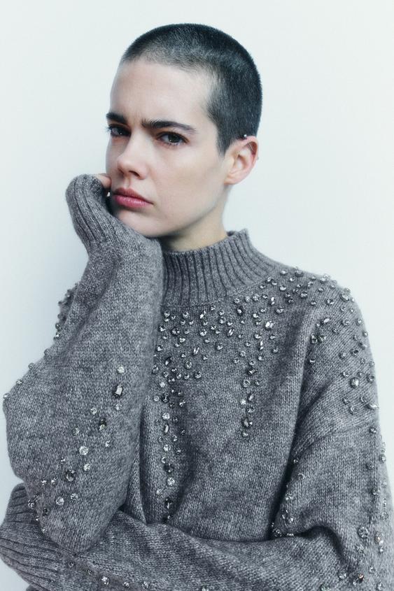 BEADED RHINESTONE KNIT SWEATER - Grey marl | ZARA Thailand