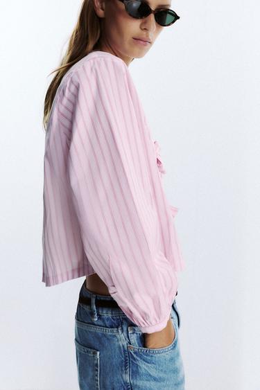 STRIPED POPLIN SHIRT WITH TIES - Pink / White by Zara - Image 3
