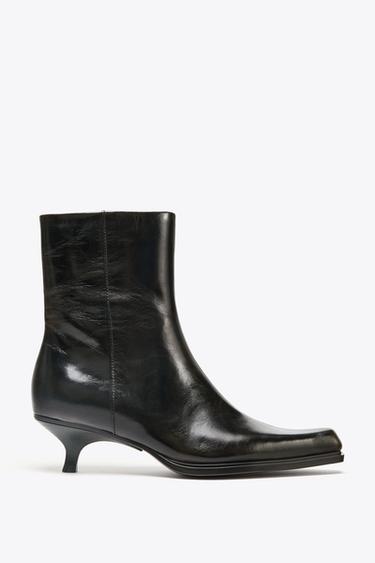 LEATHER KITTEN HEEL ANKLE BOOTS - Brown by Zara - Image 1