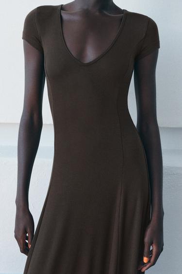 LONG RIBBED DRESS - Brown by Zara - Image 1