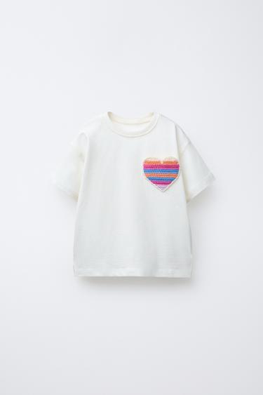 CROCHET HEART POCKET T-SHIRT - Ecru by Zara