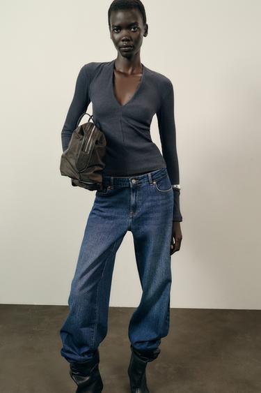 RIB V-NECK TOP - Charcoal by Zara