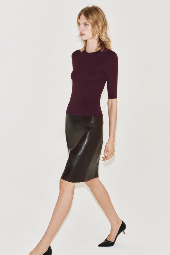 Zara ELBOW-SLEEVE T-SHIRT - Maroon - Image 0