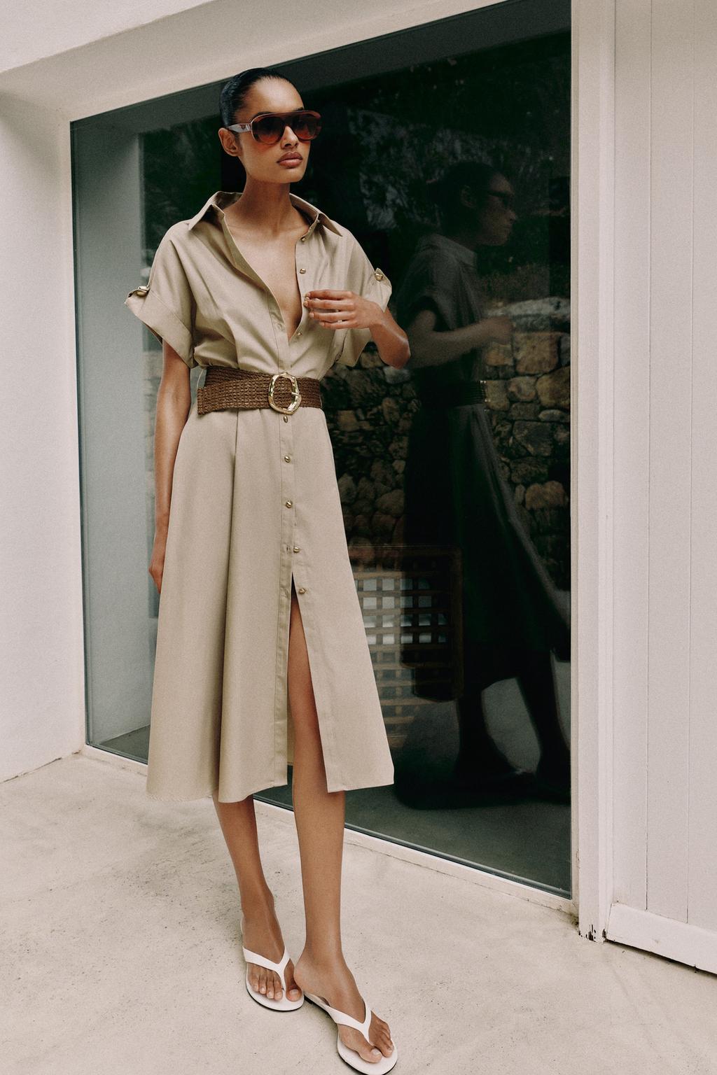 BELTED POPLIN MIDI DRESS
