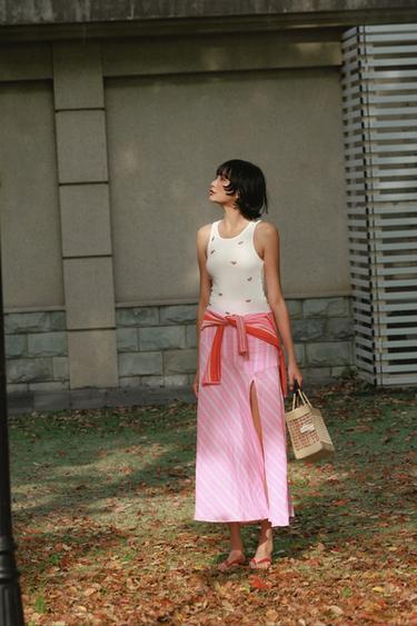 STRIPED LINEN BLEND MIDI SKIRT - Pink / White by Zara