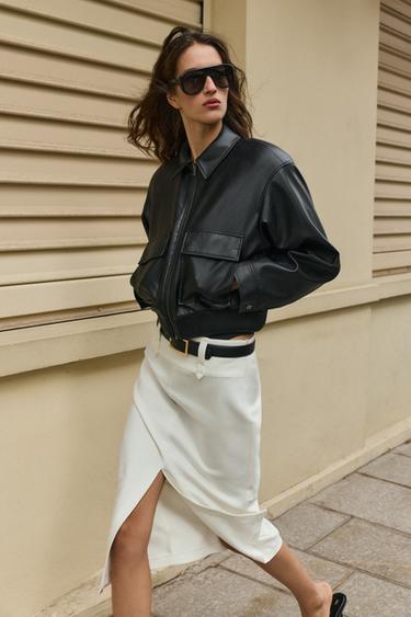 ПИЛОТСКО ЯКЕ ОТ ИЗКУСТВЕНА КОЖА С ПОДПЛАТЕНИ РАМЕНЕ - Черен от Zara