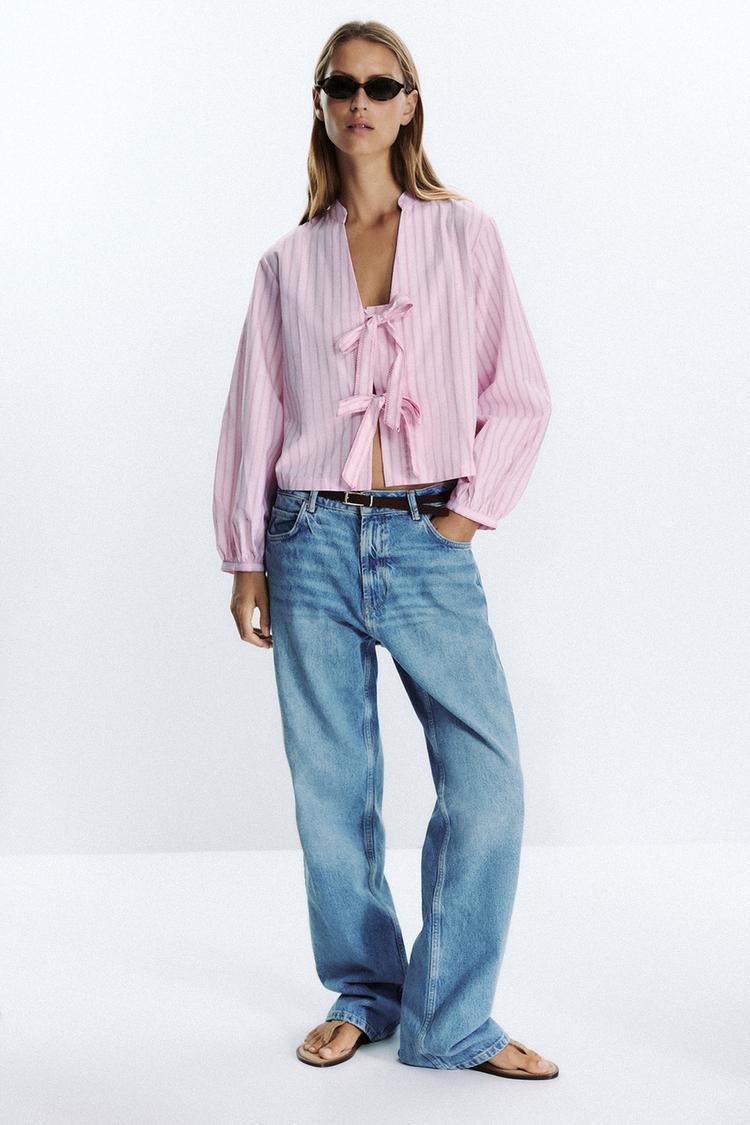 CAMICIA POPELINE A RIGHE CON LACCETTI Rosa Bianco ZARA