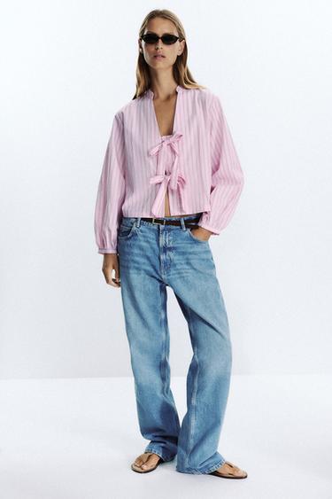 Zara STRIPED POPLIN SHIRT WITH TIES - Pink / White