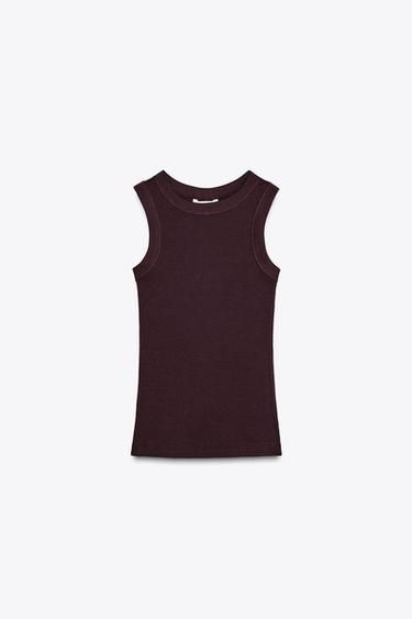 Zara SLEEVELESS RIBBED T-SHIRT - Wine - Image 0