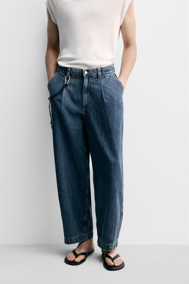 Zara WIDE FIT PLEATED DENIM CHINO PANTS - Mid-blue