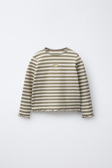 STRIPED GLITTER EMBROIDERED T-SHIRT - Ecru / Green by Zara