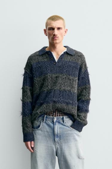 STRIPED JACQUARD KNIT POLO SHIRT - Anthracite grey by Zara