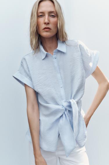 Zara KNOTTED SHORT SLEEVE SHIRT - Light blue